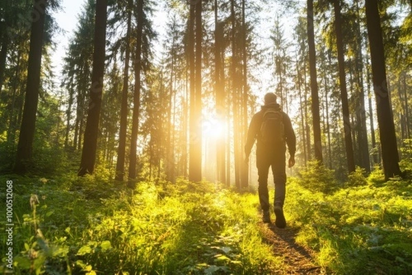 Fototapeta Embracing Nature's Serenity: A Walker Journeying Through a Sunlit Forest Trail of Tranquility