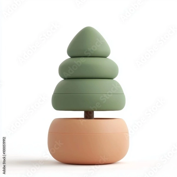 Fototapeta Minimalistic green pine tree figurine on a white background, creating a modern holiday aesthetic.