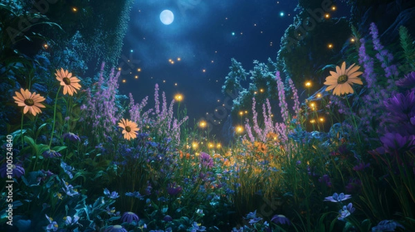 Fototapeta A dreamy, highly detailed nighttime garden with photorealistic flowers that bloom only under moonlight, emitting a soft, natural glow surrounded by realistic floating fireflies