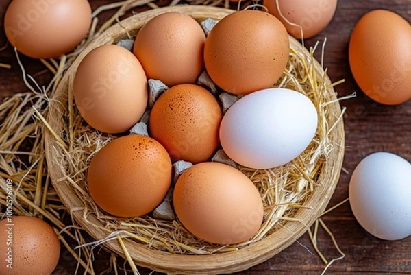 Fototapeta A basket of fresh organic eggs, resting on a rustic wooden table with straw, showing their natural textures and colors