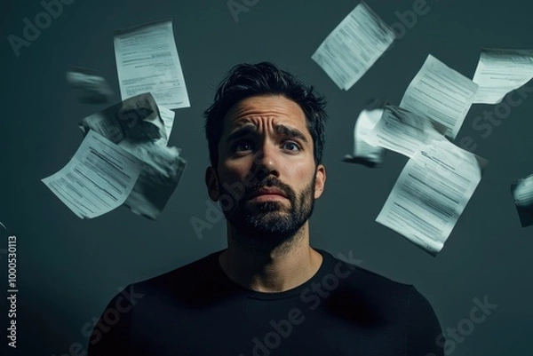 Obraz A portrait of a man with visible worry on his face, surrounded by polished invoices against a solid grey backdrop. The anxiety is highlighted by professional color grading in a 16k resolution