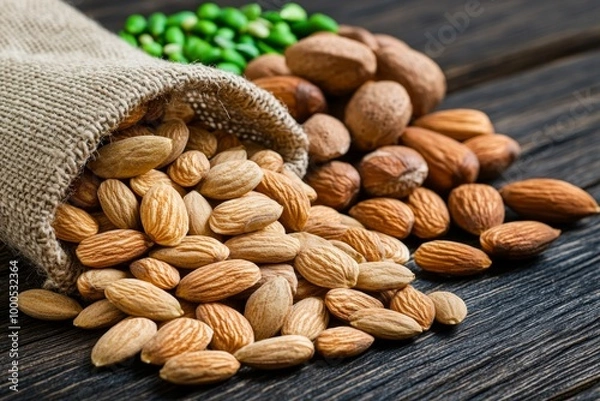 Fototapeta Organic raw almonds spilling from a burlap sack, set on a rustic wooden table alongside other natural nuts and seeds