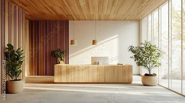 Fototapeta Modern Minimalist Reception Area with Wooden Features and Natural Light