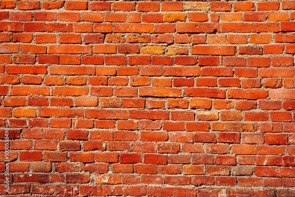 Fototapeta Red brick wall background with visible textures and patterns, perfect for creative projects or adding a nostalgic and timeless touch to any space.
