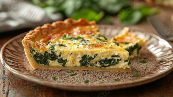 Fototapeta Delicious Savory Italian Quiche Loaded with Spinach, Cheese, and Fresh Herbs, Perfectly Served