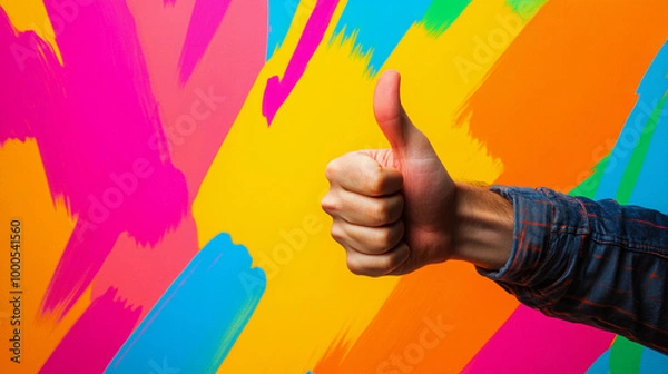 Fototapeta An arm from off screen giving a thumbs up against a bright painted background