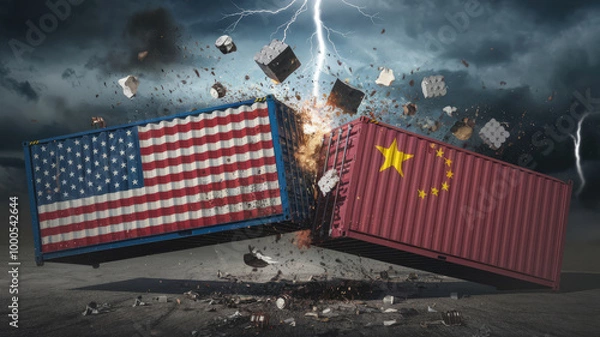 Obraz Two shipping containers are smashed together, one of which has the American flag on it. The other container has the Chinese flag on it