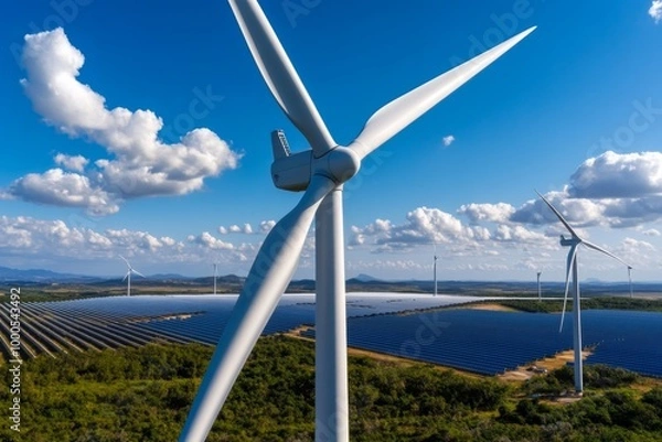 Fototapeta Workers maintaining wind turbines, with a view of solar farms in the background, showcasing the integration of renewable energy sources