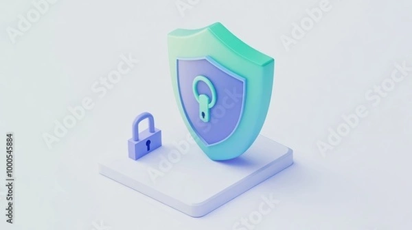 Fototapeta A 3D shield with a lock symbol, representing security and protection in a digital context.