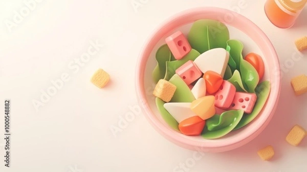 Fototapeta A colorful salad bowl featuring various vegetables and cubes.