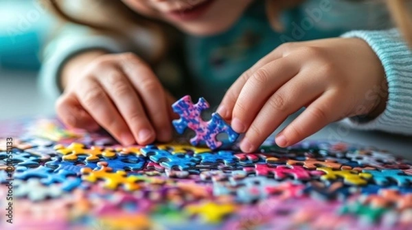 Fototapeta A child focuses on placing a colorful puzzle piece among many others.