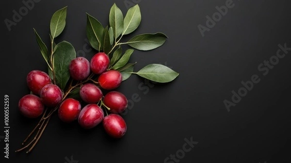 Fototapeta A cluster of ripe plums with green leaves on a dark background.