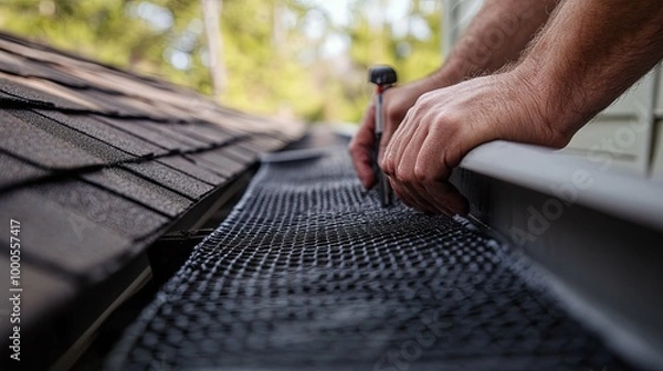 Fototapeta A Person Installing Gutter Guards On A House