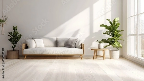 Fototapeta Light-colored hardwood floor in a Scandinavian-style living room, creating a clean and minimalist aesthetic