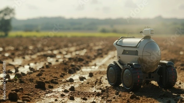Fototapeta An autonomous agricultural robot traverses a muddy field under a clear sky. Its wheels are designed for rough terrain, symbolizing the future of farming and robotics in agriculture.