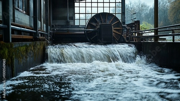 Obraz Powerful Watermill on River with Flowing Water