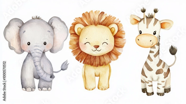 Fototapeta Cute Watercolor Safari Animals   Elephant  Lion and Giraffe Illustration