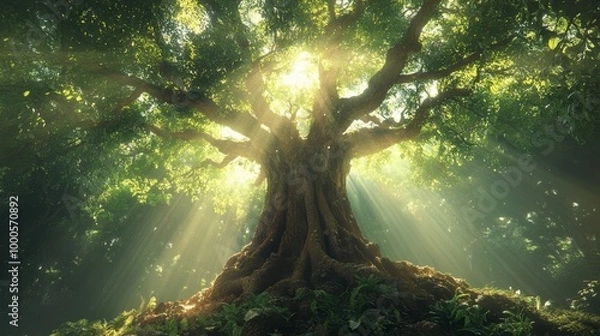 Fototapeta A huge old tree in a dense forest, its roots digging deep into the earth, with rays of sunlight breaking through the dense foliage above.