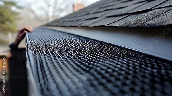 Fototapeta Close-up of a Black Mesh Gutter Guard on a House