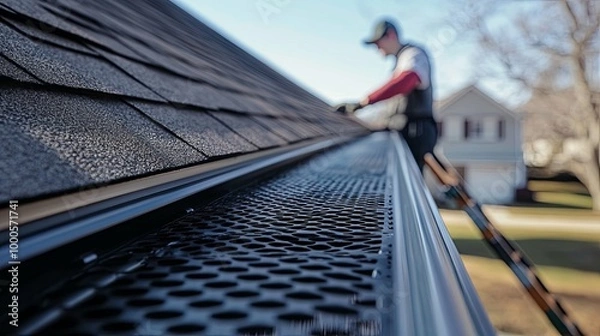 Fototapeta Close-up of Gutter with Mesh Leaf Guard and Shingle Roof
