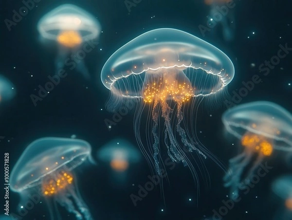 Fototapeta A school of glowing jellyfish drifts through the dark, deep sea, bioluminescence casting an eerie glow, viewed from below, in a cinematic closeup, soft lighting