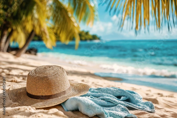 Fototapeta Straw hat and towel relaxing on tropical beach sand