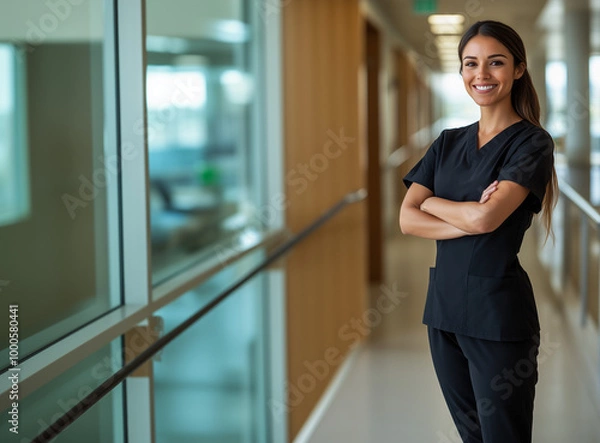 Obraz  Smiling latina nurse in black scrubs in a bright and inviting hospital environment with copyspace for marketing or ads