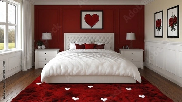 Fototapeta A romantic bedroom with white furniture, a red wall, and a red rug with white heart accents. The room is decorated with framed pictures of roses and a heart.