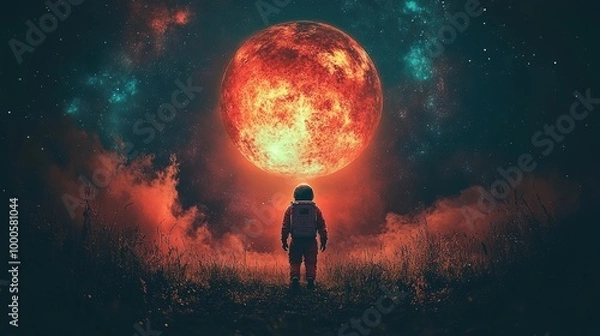 Fototapeta A lone astronaut stands in a field of tall grass, gazing up at a fiery red moon hanging low in the night sky, illuminated by a constellation of twinkling stars.
