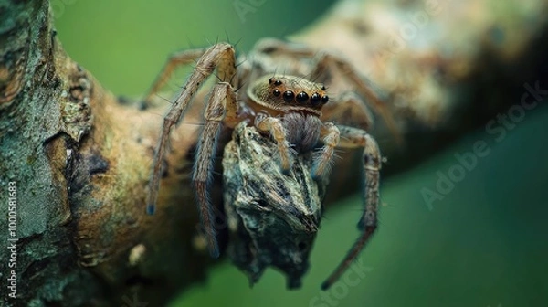 Fototapeta A close-up of a spider shedding its exoskeleton on a tree branch, revealing its fresh new body underneath.