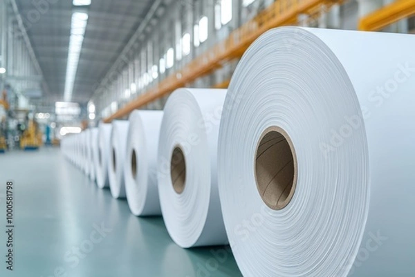 Fototapeta The image shows a series of large rolls of white paper lined up in a spacious industrial facility.