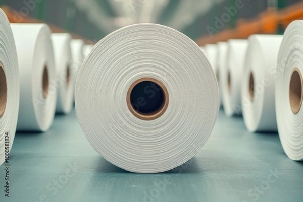 Fototapeta A close-up view of a roll of paper, showcasing its texture and layers, surrounded by other similar rolls in a well-lit industrial setting.