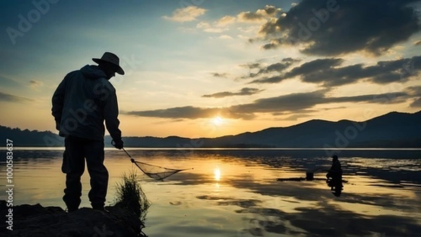 Fototapeta Silhouette of a Fisherman Casting a Net at Sunset by a Tranquil Lake Surrounded by Mountains