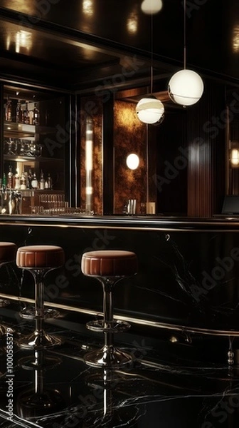 Obraz A luxurious art deco bar scene with sleek stools, dark marble counters, and ambient lighting, evoking the jazzfilled speakeasies of the 1930s