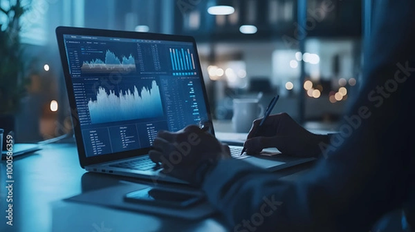 Fototapeta professional business financial advisor discussing investment plans client meeting charts documents laptop modern green office setting analysis trend analyze project report teamwork progress working