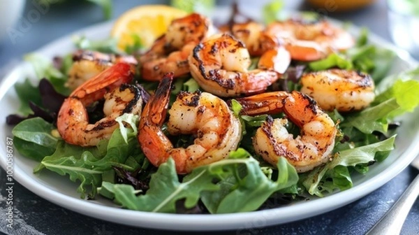 Fototapeta Grilled Shrimp Salad with Mixed Greens and Citrus
