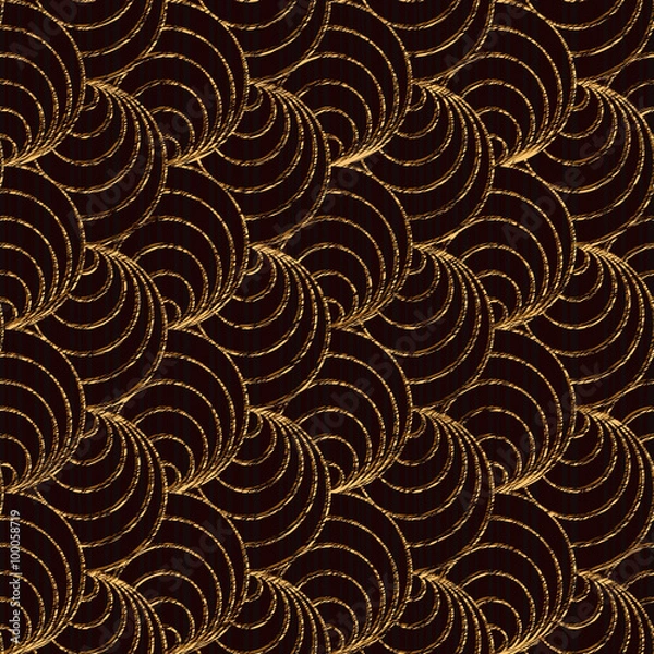 Fototapeta Seamless pattern based on japanese sashiko motifs. Golden color. Sashiko with fans. Abstract geometric backdrop. Circles. For decoration or printing on fabric.