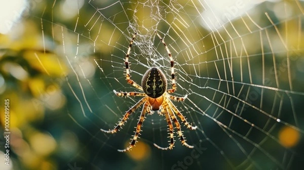 Fototapeta A spider hanging upside down from its web, waiting patiently for prey to get caught in its sticky trap.