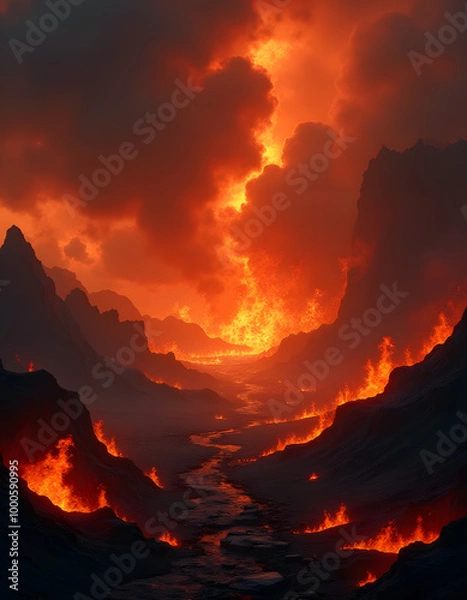Fototapeta Fiery landscape of hell with flames and dark skies