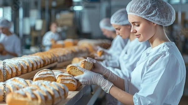 Obraz Workers in Bakery Factory Packaging Fresh Bread