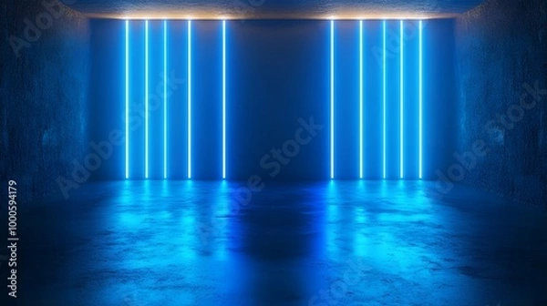 Fototapeta 5. An engaging 3D depiction of a sleek dark studio room, where blue neon lights intersect with a bright spotlight, emphasizing a product showcase in a futuristic and stylish setting