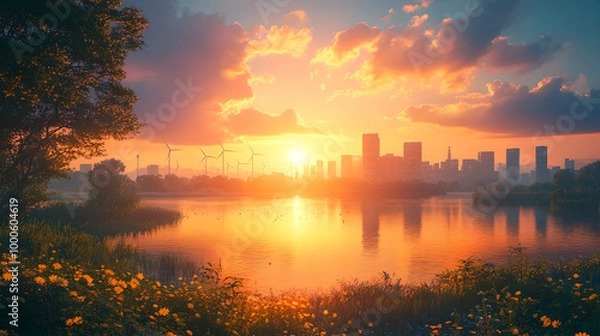 Fototapeta A stunning sunset over a city skyline reflecting in water, surrounded by greenery and blooming flowers, creating a tranquil and picturesque scene.