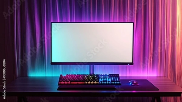 Fototapeta Modern Gaming Setup with Computer Monitor  Keyboard  and Mouse on Desk with Purple and Blue Lights
