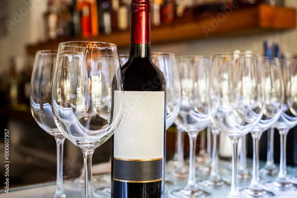 Fototapeta Red Wine Bottle and Empty Wine Glasses on Bar Counter