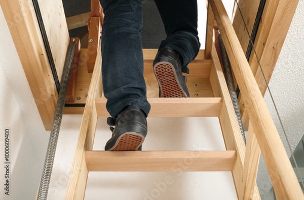 Fototapeta Back view of person using loft ladder or attic ladder. Woman climbing or going up loft sliding ladder to access attic space or loft. Space saving storage space. Selective focus. Lucerne, Switzerland.