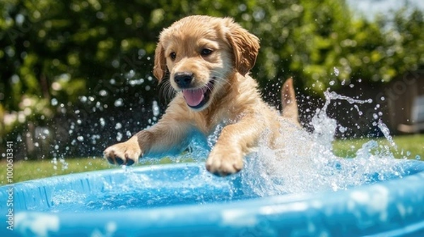 Fototapeta High-res image of a golden retriever puppy happily splashing in a kiddie pool on a sunny day.