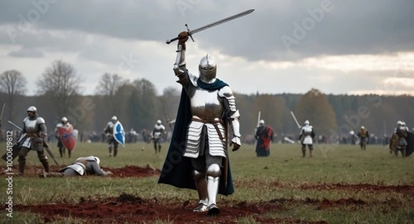 Fototapeta Medieval European knight in shining armor with sword raised standing on a bloody field after a fierce battle