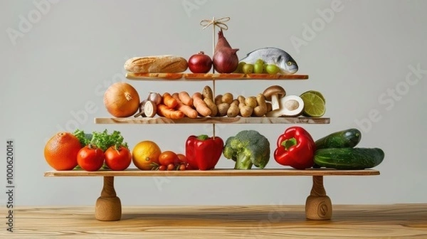 Fototapeta Balanced diet pyramid with various healthy foods displayed generated with AI