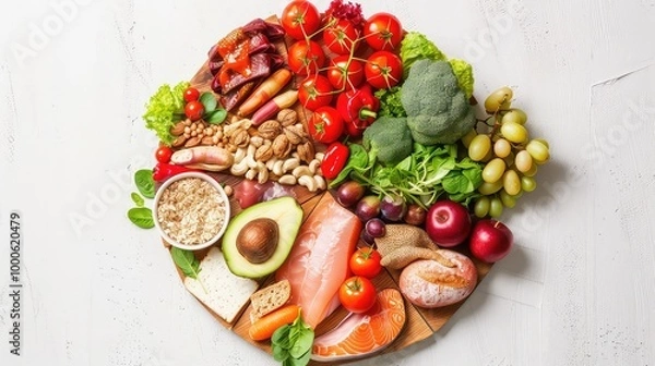 Fototapeta Fresh fruits and vegetables around a white plate generated with AI