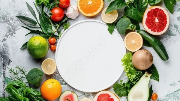 Fototapeta Fresh fruits and vegetables around a white plate generated with AI